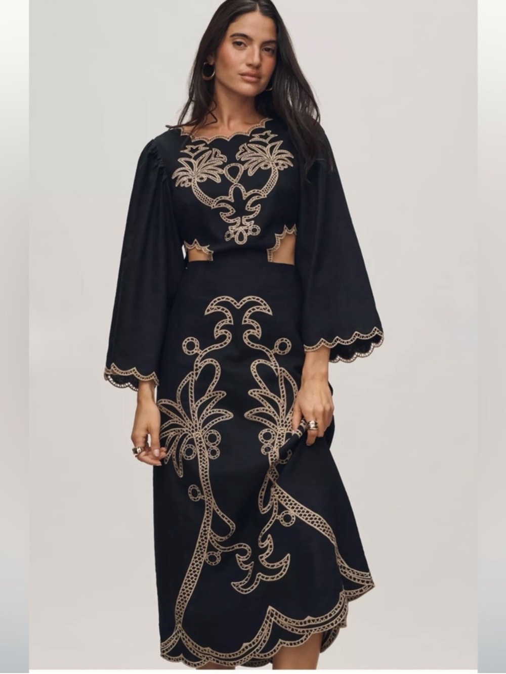 NWT FARM Rio x Anthropologie Black Midi Dress with Cream Embroidery and Cutouts - Picture 4 of 8
